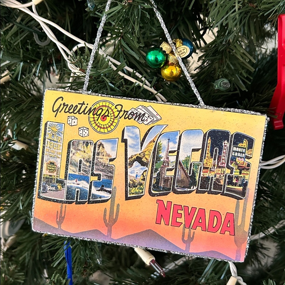 Las Vegas postcard Christmas tree ornament with glitter